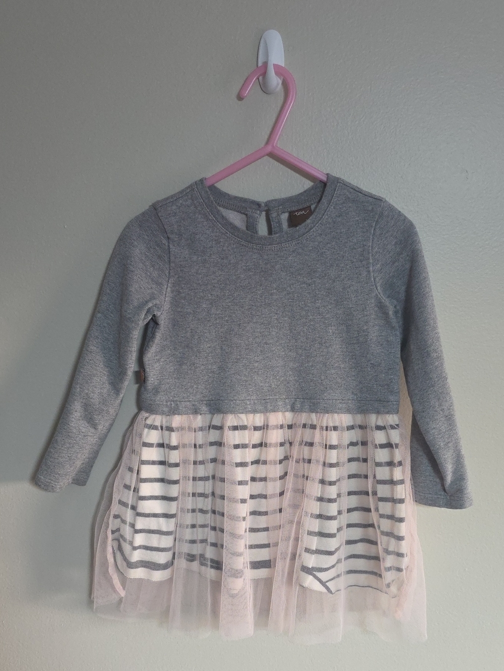 Tea Collection Grey Knit Long-Sleeve Dress with Pink Tulle Skirt